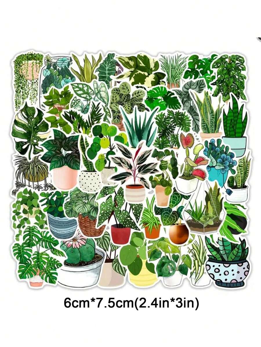 50入組防水綠色植物手繪貼紙,適用於日記、行李箱、水瓶、筆記本、花盆、花瓶裝飾