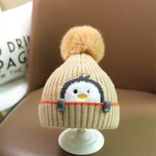 可愛的小企鵝兒童帽子和圍巾套裝,嬰兒冬季針織帽子帶有耳保暖袋和圍巾頸暖器,加厚 - 卡其色 - 查看 2