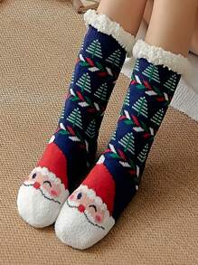 1 雙女式冬季保暖抓絨中小腿聖誕襪,帶防滑矽膠,紅色,帶卡通雪人和樹圖案,非常適合室內家居地板穿著、睡眠、送禮、日常使用