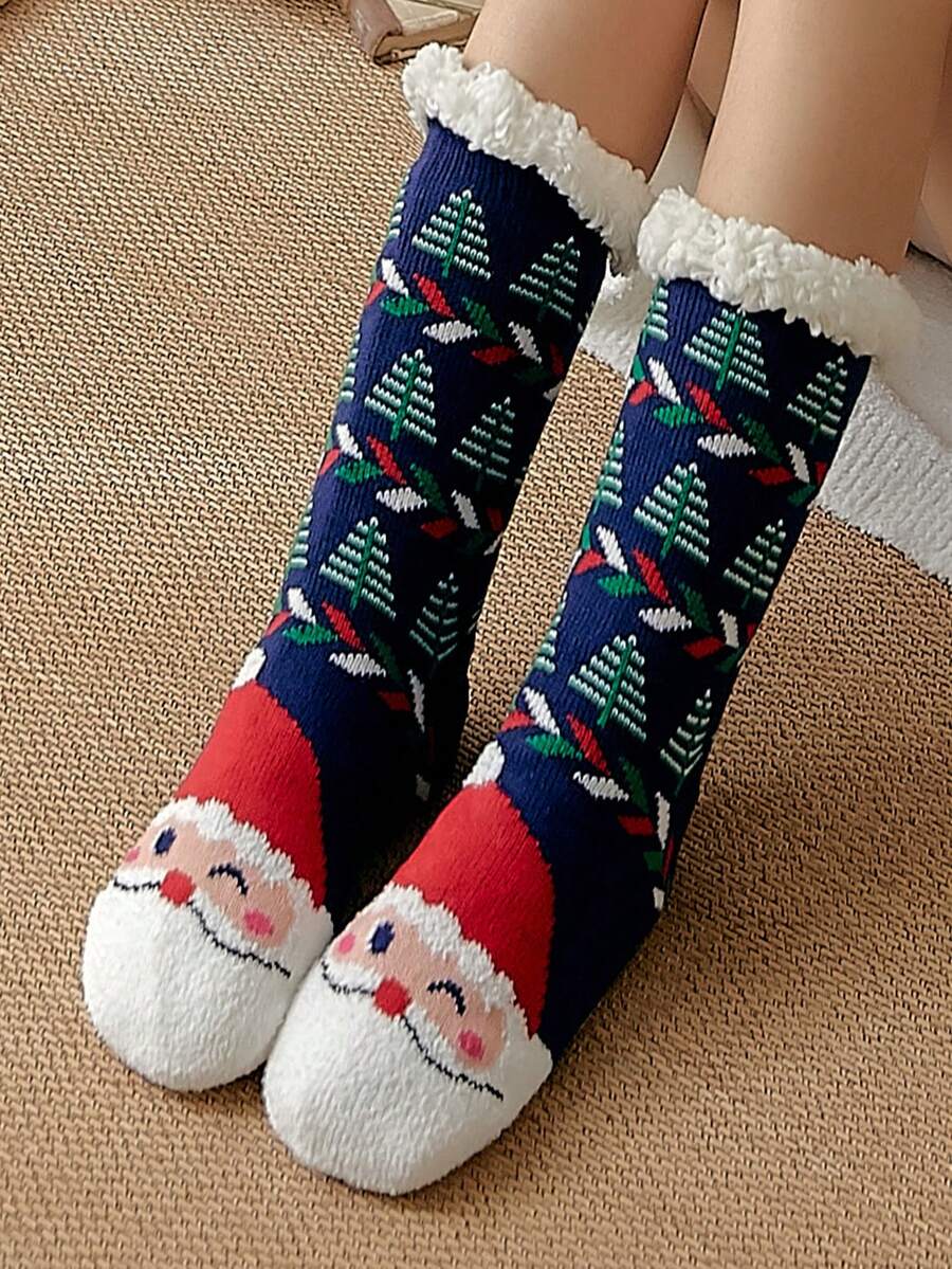 1 雙女式冬季保暖抓絨中小腿聖誕襪,帶防滑矽膠,紅色,帶卡通雪人和樹圖案,非常適合室內家居地板穿著、睡眠、送禮、日常使用