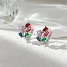 1pair Elegant Colored Drop Shape Diamond Circle Earrings, Suitable For Women's Daily Wear - Multicolor - View 4