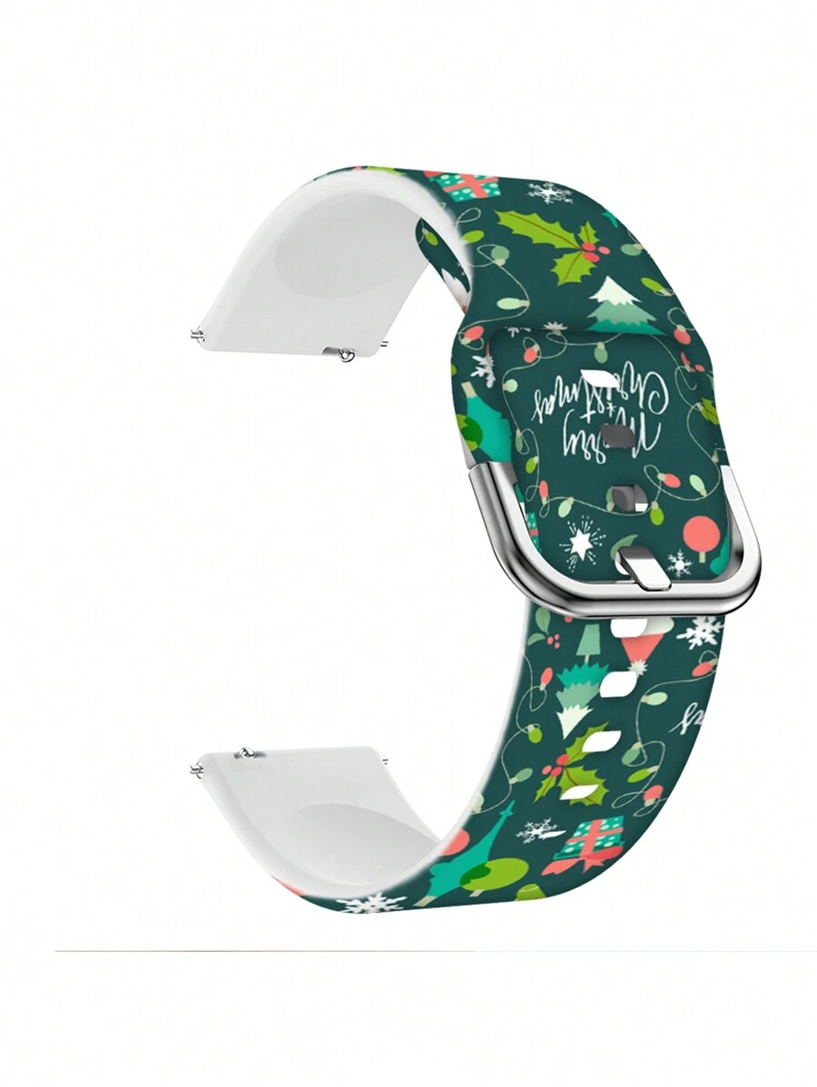 聖誕節元素印花矽膠手錶表帶，配直接插頭接口，20mm/22mm適用於三星、華為和其他智能手錶 - 彩色 - 查看 1