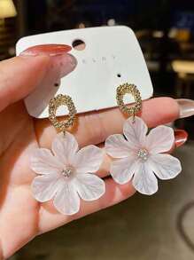 White Flower Petal Earrings - Gold - View 2