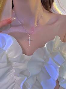 1 Pieza Collar Colgante De Cruz Con Decoración Completa De Pedrería - Plateado - Ver 3