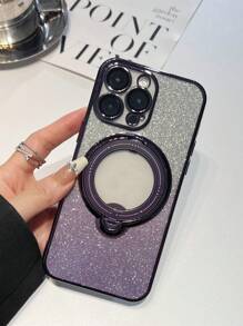 1PC Purple Bling Glitter Gradient Sequin With Stand Camera Glass Film Clear Phone Case Compatible With IPhone 15 14 13 12 11 XS XR X 7 Plus Pro Max Silicone Full Coverage Protective