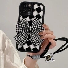 可愛的韓國便攜式防丟手帶3D蝴蝶結編織圖案格紋殼,與iPhone 15 14 13 12 11 Pro Max 14 15 Plus相容的保護套 - 大蝴蝶結掛繩 - 查看 2