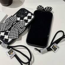 可愛的韓國便攜式防丟手帶3D蝴蝶結編織圖案格紋殼,與iPhone 15 14 13 12 11 Pro Max 14 15 Plus相容的保護套 - 大蝴蝶結掛繩 - 查看 12