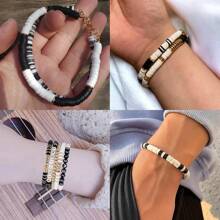 1套高分子粘土珠珠手鏈套裝 友誼手鏈套裝女孩用,字母珠黑白粘土珠套裝人造珍珠金色珠子配製珠寶和1捆彈性線