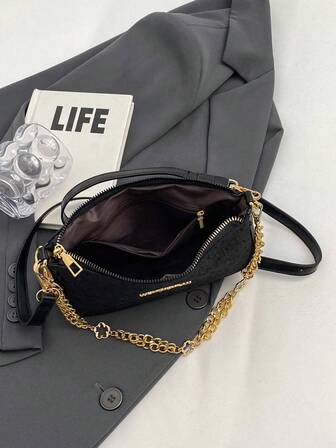 女士 PU 皮革链带字母 M 单肩包、时尚腋下包、单肩斜挎包、斜挎翻盖包、可爱通勤购物手提包