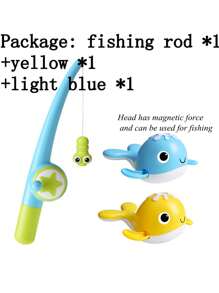 婴儿浴缸上发条玩具，卡通鲸鱼形状和磁性钓鱼游戏 2 合 1 水上玩具，适合幼儿洗澡时使用，ABS 材质，包含 1 根钓鱼竿和 2 条鲸鱼 - 彩色 - 查看 7