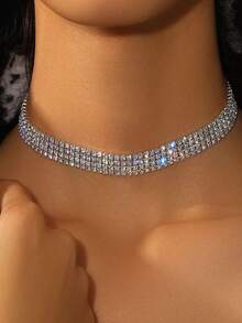 1入時尚三層鎖頸鍊,鑲嵌著鑽石,適合女士日常佩戴及派對裝飾 - 銀色 - 查看 2