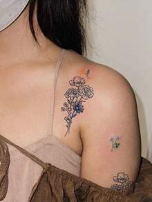Herbal Temporary Tattoo Sticker Can Last For 7-14 Days, 1pc Minimalist Bouquet Design, Waterproof Flora Small Tattoo For Shoulder, Arm, Leg, Suitable For Women And Girls - Blue - View 1