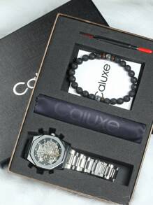 Caluxe 1入組男士時尚銀色陀飛輪骨架自動機械手錶，豪華鑽石鈦晶錶盤，頂級品牌不銹鋼商務/休閒手錶，配火山石手鍊和禮盒禮品套裝，男士禮物