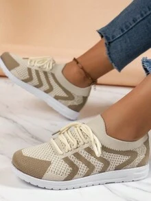 女士時尚休閒舒適透氣運動鞋,系帶式大碼跑步運動鞋 - 米色 - 查看 4