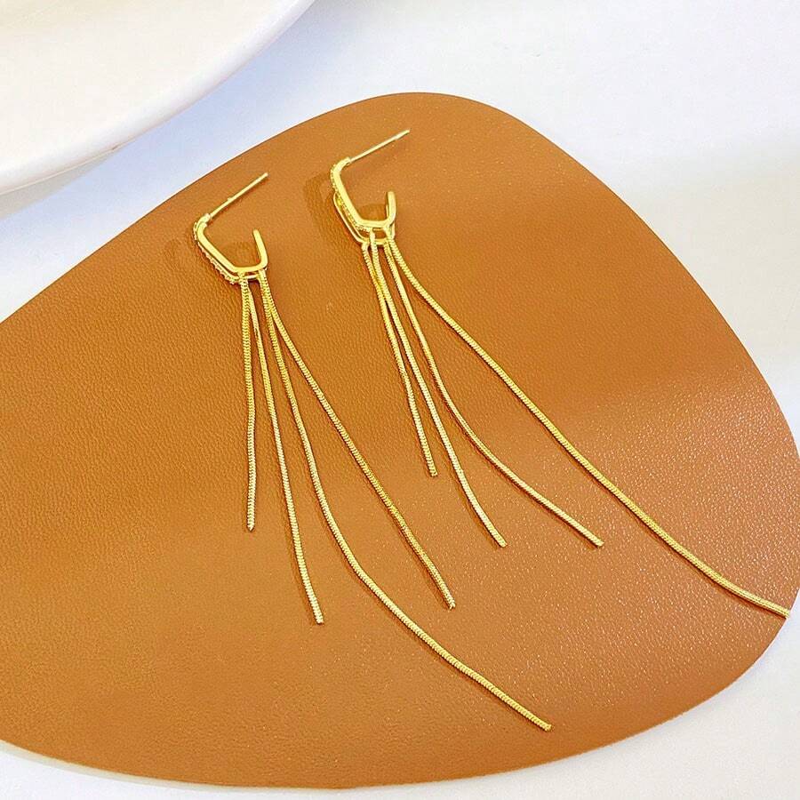 1 par de pendientes colgantes con flecos y cadena con incrustaciones de rhinestones de moda y personalizados - Amarillo Oro - Ver 1