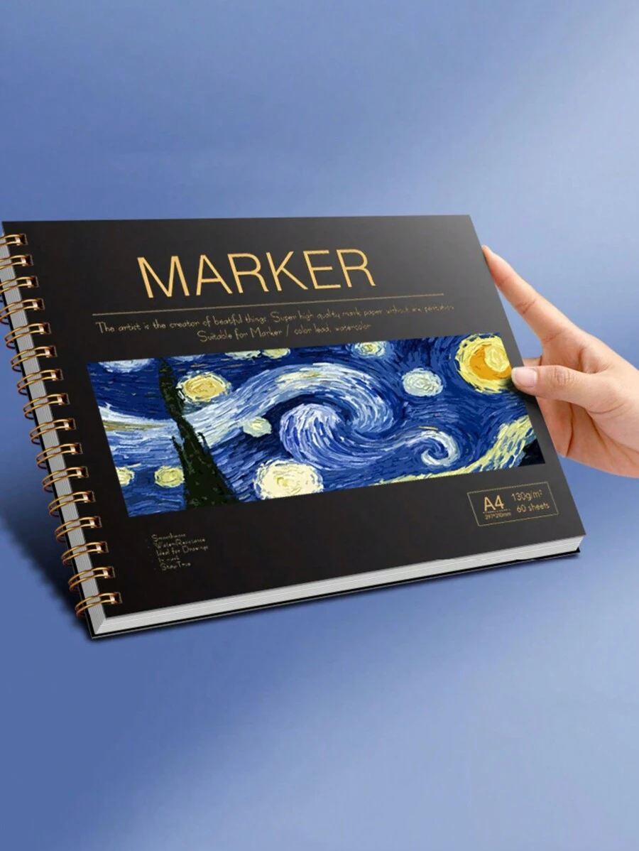 1 本星空图案水彩素描马克笔绘画本，适合学生使用，素描和彩色铅笔艺术品，加厚纸带线圈装订，A4/8k 尺寸，每本 60 张，返校，学校用品 - 彩色 - 查看 1
