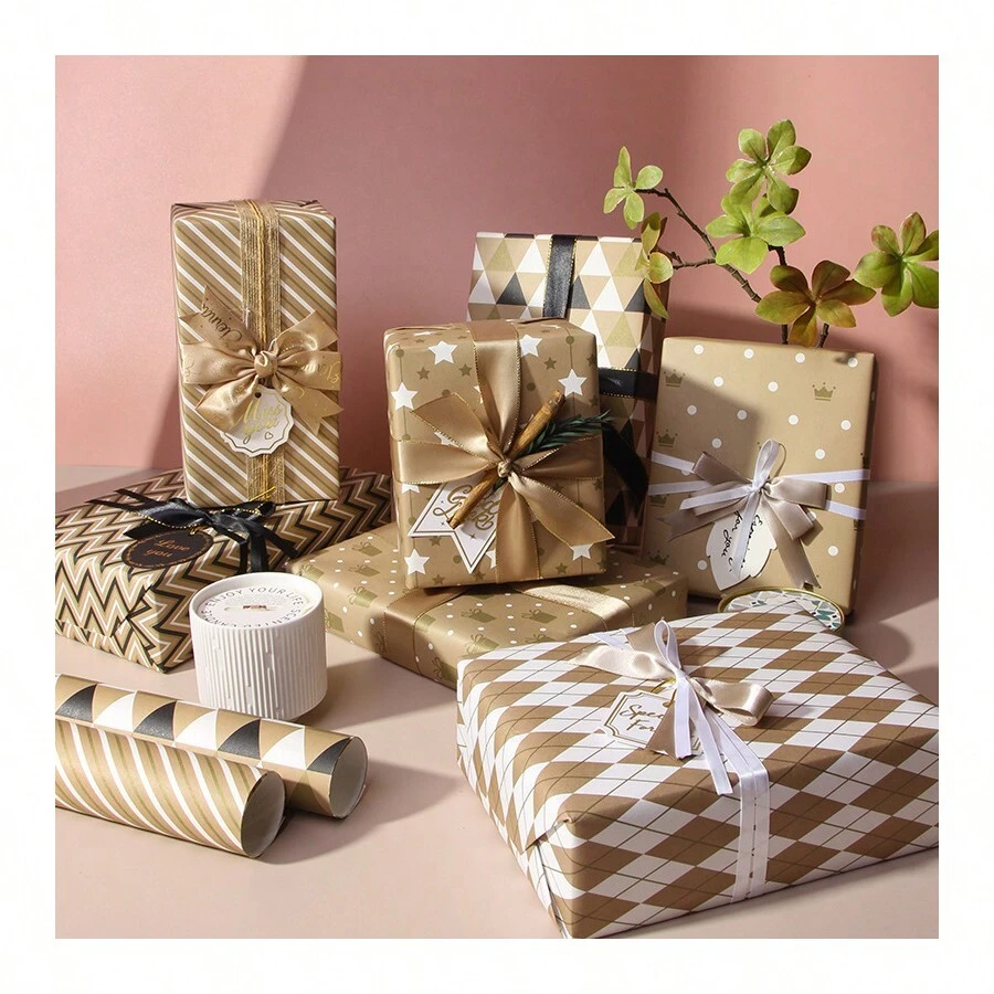 7 Hojas Papel De Envolver De Regalo Sencillo Con Diseño Mixto Y Lámina Metálica Para Regalos De Festivales - mezclar 7 piezas/opp - Ver 1