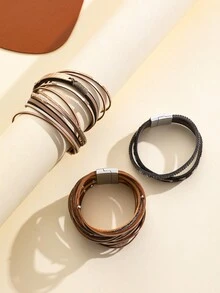 3pcs/set Mixed Color Genuine Leather Bracelet Set - Multicolor - View 3