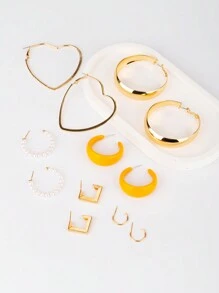 1套6對歐美日韓時尚優雅休閒度假浪漫豪華c字形光滑環形耳環,心形耳環,珍珠耳釘,亞克力耳環和方形耳環,適合女性日常穿著,派對,約會和其他場合