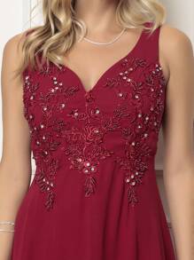 手工製作的帶閃亮鑽石的優雅性感晚禮服 - 酒紅色 - 查看 2