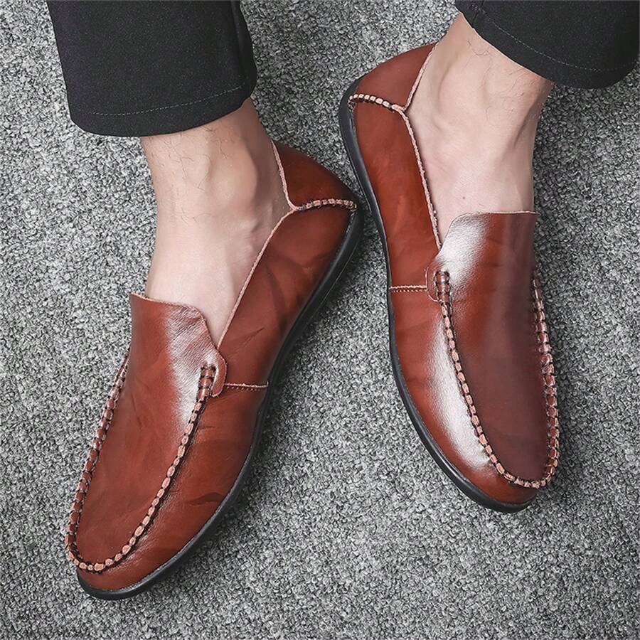 1雙男士滑入式防水防滑休閒皮鞋,圓頭平底鞋,軟底,適合戶外活動 - 棕色 - 查看 1