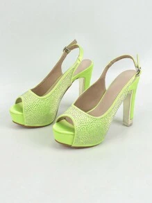 Olive Green Satin And Rhinestone Water-proof Open Toe Sandals With Back Strap For Women's Height Increase - Olive Green - View 6