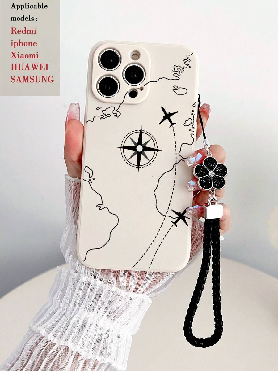 Ốp điện thoại in hình máy bay, dây đeo cổ tay bện thủ công, màu be, thiết kế cạnh thẳng với lỗ camera, chống sốc, in hình, tương thích với dòng 15, , , . - Nhiều màu - Xem 1