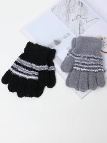1對灰色厚針織和羊毛衫條紋全指兒童手套,冬季、戶外運動和騎車