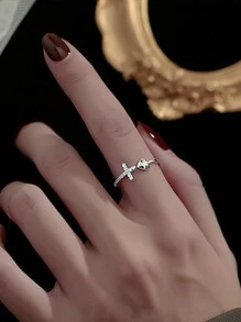 1 Miếng 925 sterling bạc Hình trái tim Vượt qua Nhẫn , Chống phai màu , Mở Thiết kế , Tim & Kim cương Đồ trang trí , Phong cách - Bạc - Xem 6