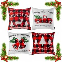 4pcs/set Christmas Decorative Pillow Covers Made Of Holland Velvet For Living Room, Festive Plaid Square Cushion Covers For Sofa - Christmas 04 - View 2