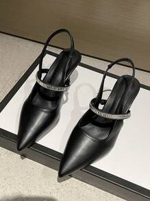 Pointed Toe Stiletto Heels French Style Women's Shoes, Bridesmaid Party Sandals With Rhinestone Ankle Strap - Black - View 6