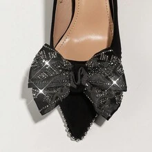 1對黑色可拆卸鑲有水鑽裝飾的布製蝴蝶結花鞋扣,適用於女士平底和高跟鞋