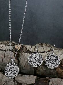 TopHanqi 3入組復古銀色空心水滴形合金吊墜耳環項鍊套裝,有不同的款式可選擇,適合女性日常穿著、上班和街頭拍照 - 復古銀色 - 查看 10