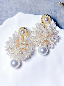 1pair Handmade Pearl & Crystal Explosion Flower Earrings With 925 Silver Needle - Multicolor - View 1