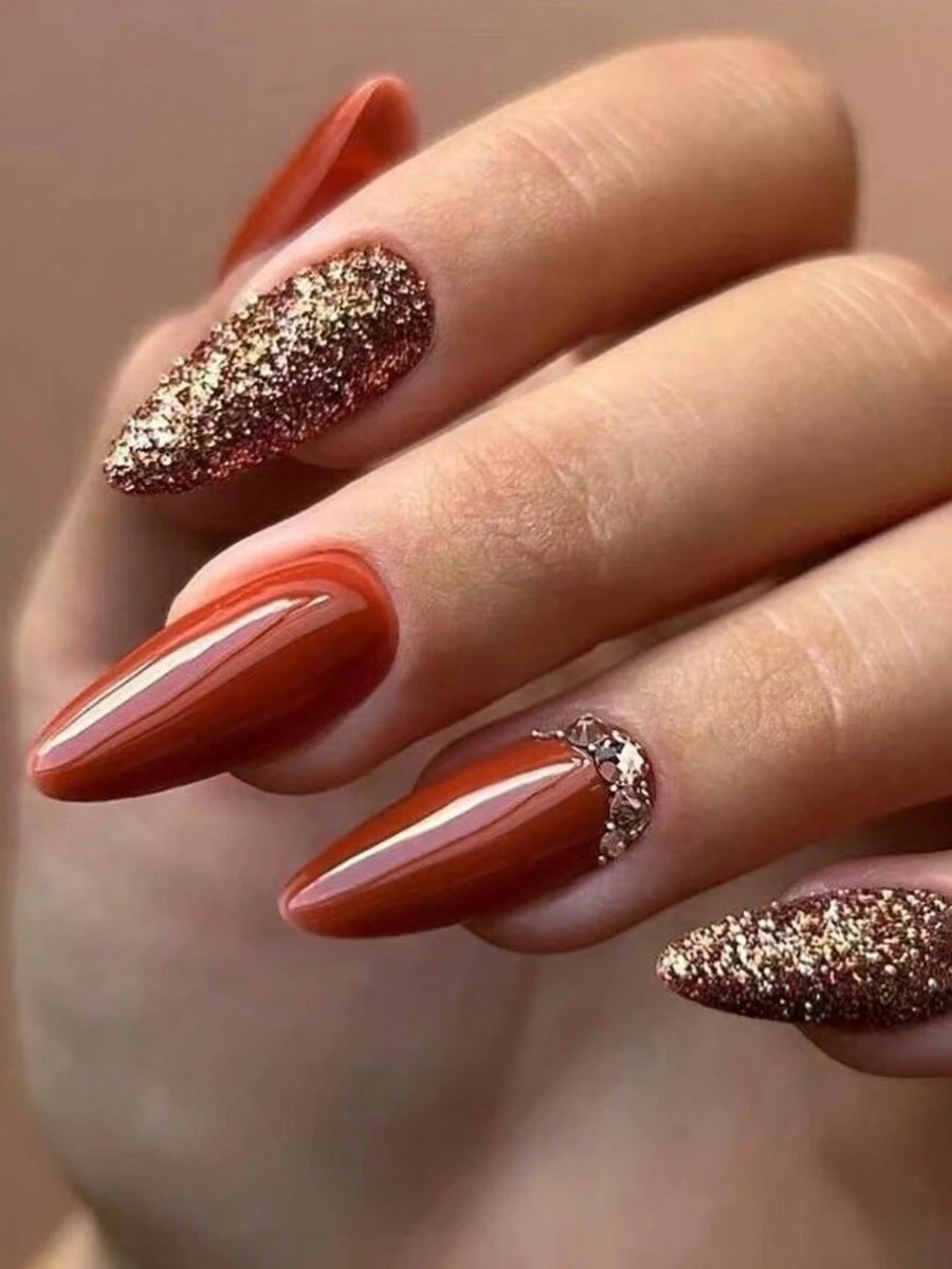 24pcs Elegant Almond Shape Solid Color Glitter Rhinestone False Nail Set For Daily Wear For Students And Office Workers - Multicolor - View 1