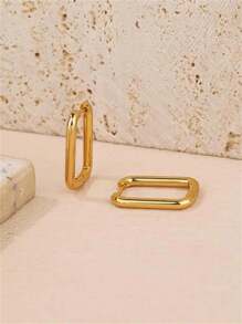 1pair Golden Metallic Geometric Square Circle Earrings For Women, Minimalist Round Dangling Ear Studs, Punk Style Jewelry