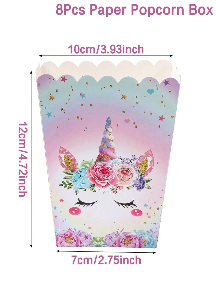8pcs Pink Unicorn Style Food Box, French Fries Box, Popcorn Cups