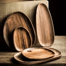 1pc Acacia Wood Dinner Plate Asymmetrical Oval Shape Wooden Tray For Restaurant,Kitchen,Christmas Gift