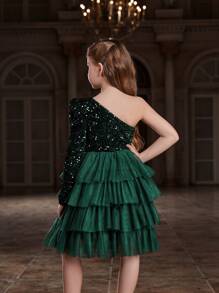 Tween Girl One Shoulder Long Sleeve Layered Tulle Hem Formal Dress
