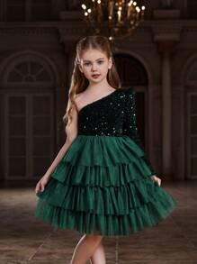 Tween Girl One Shoulder Long Sleeve Layered Tulle Hem Formal Dress
