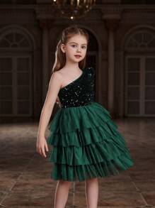 Tween Girl One Shoulder Long Sleeve Layered Tulle Hem Formal Dress