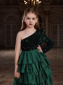 Tween Girl One Shoulder Long Sleeve Layered Tulle Hem Formal Dress