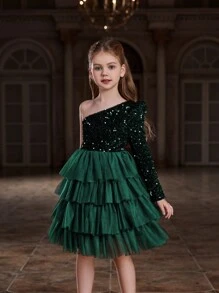 Tween Girl One Shoulder Long Sleeve Layered Tulle Hem Formal Dress