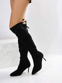 Women's Solid Color Boots With Stiletto Heels And Elasticity - Black - View 8
