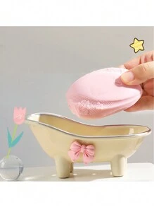 1pc Mini Bathtub Shaped Soap Dish With Drain For Sink, Soap Holder - Khaki - View 1