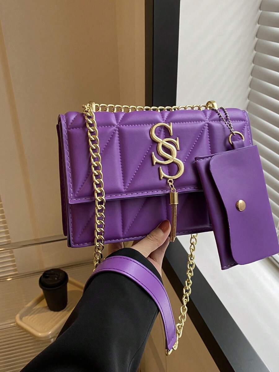 Bolsa Transversal Elegante Com Aba De Cor Sólida, Alça De Corrente E Decoração De Borlas Para Mulheres