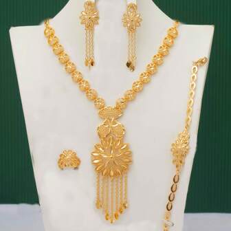 5 st/set Blomformad tofsdesign Kopparmaterial Smyckessats med 18k guld- och champagneguldplätering, antioxidations- och anti-blekningsskyddslager, fashionabel fransk romantisk stil, perfekt för Dubais bröllopsbröllop och julklappar, alla hjärtans dag, mamma, mor, mors dag, present