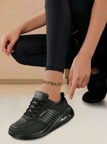 女性新款透氣舒適皮革鞋面防水防滑休閒鞋,適用於戶外活動和旅行,全黑色