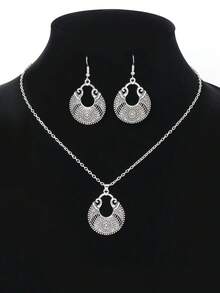 TopHanqi 3入組復古銀色空心水滴形合金吊墜耳環項鍊套裝,有不同的款式可選擇,適合女性日常穿著、上班和街頭拍照 - 復古銀色 - 查看 2
