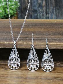 TopHanqi 3入組復古銀色空心水滴形合金吊墜耳環項鍊套裝,有不同的款式可選擇,適合女性日常穿著、上班和街頭拍照 - 復古銀色 - 查看 12